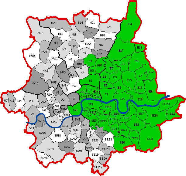 E4 E17 E18 N4 N16 N5 N1 WC1 EC1 EC2 WC2 
EC4 EC3 E5 E10 E11 E8 E9 E15 E7 E12 E2 E1 E14 
E3 E16 E6 E13 SW1 SE1 SE11 SE17 SE5 SE16 SE15
SE8 SE14 SE4 SE10 SE13 SE6 SE12 SE3 SE7 SE18 
SE9 SE28 SE2